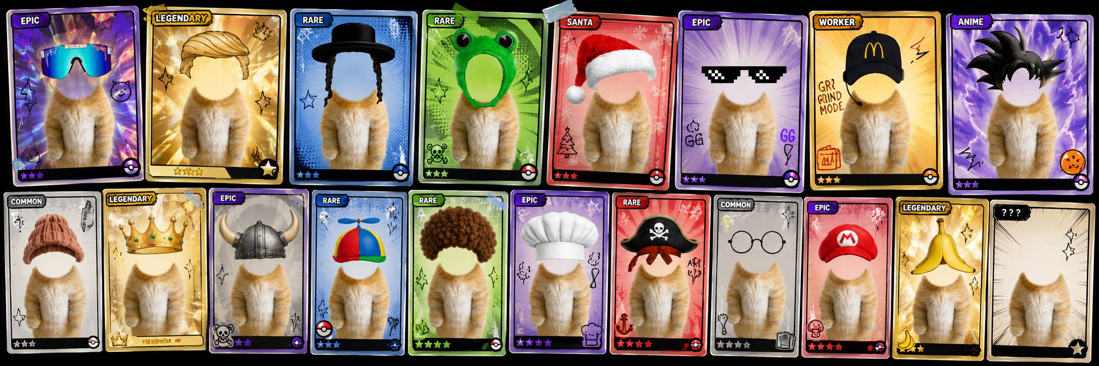 $CA trading card style pulls, each showing a different topper on the headless cat
